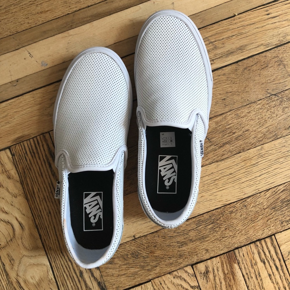 White leather perforated Vans slip on